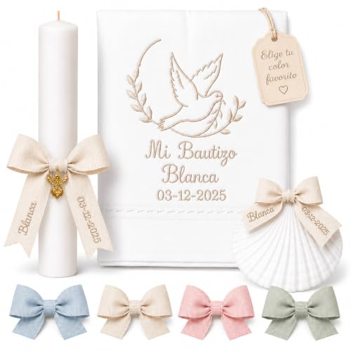Kit de Bautizo Personalizado | Vela Artesanal con Lazo, Pañuelo Bordado y Concha Bautismal | Pack Premium con Vela Bautismo,Toalla de Bautismo Bordada, Concha Marina