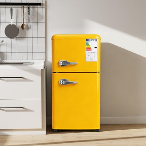KOMHTOM Réfrigérateur à 2 Porte, Petit Frigo, Réglage de La Température à 7 Niveaux, Classe E, éclairage LED, étagères Réglables, pour Cuisine et Salon (Jaune, 87L)