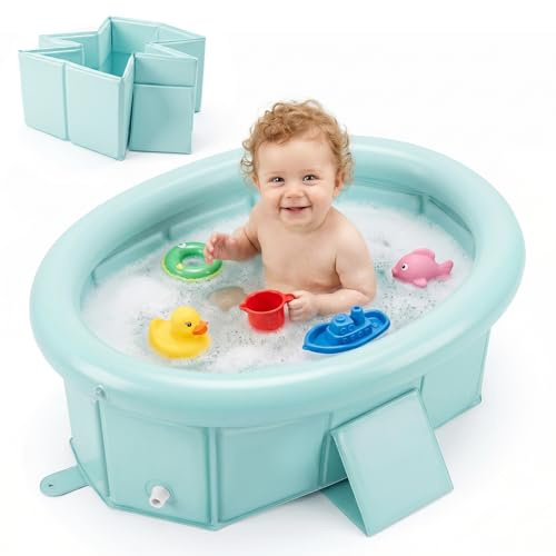 Orzbow Baby Badewanne mit Aufblasbarem Oberrand für 6M+, Grün | Faltbare Badewanne Kinder, Tragbare Babybadewanne, Leicht zu Reinigen, Stabil & Langlebig, ohne Montage, Baby-Reise-Essential