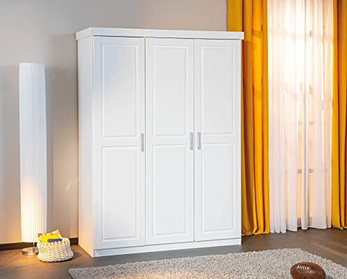 Inter Link - Kleiderschrank - Drehtürenschrank - Wäscheschrank - Garderobenschrank - Schlafzimmerschrank - 3 Türen - Kiefer massiv - Magnus - Weiß lackiert