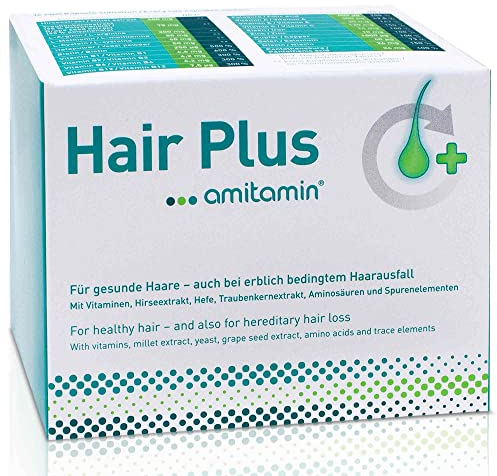 amitamin© Hair Plus Haar Vitamine | 60 Komplex Kapseln hochdosiert | Zink, Kupfer, Biotin, Selen, Folsäure plus 16 wichtige Nährstoffe | auch gegen erblichen Haarausfall | vegan | deutsche Herstellung