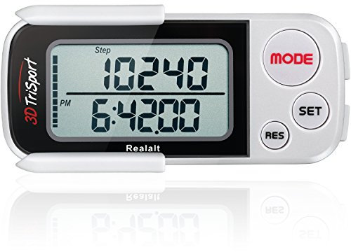 Realalt 3DTriSport Walking 3D Pedometer with Clip and Strap, Free eBook | 30 Days Memory, Accurate Step Counter, Walking Distance Miles/Km, Calorie Counter, Daily Target Monitor, Exercise Time