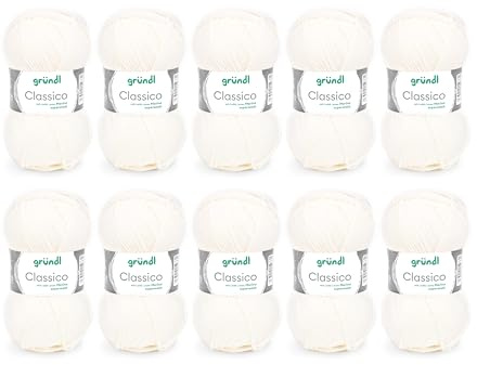 Gründl Wolle Classico Merinowolle Strickgarn - 10 Knäuel 50 g, weiß | Dicke Wolle zum Stricken und Häkeln - Weich und hautfreundlich - 50% Merinowolle, 50% Polyacryl 120m - Nadelstärke 3,5 4,5