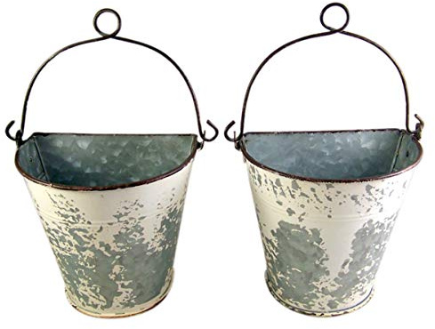 Primitive Galvanized Half Round Bucket Wall Planters, 6 3/4 Inches