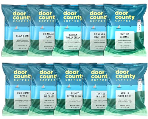 Gourmet Flavored Coffee Sampler Pack - 10 Bags of Unique Flavored Coffees – 100% Specialty Grade 1 Arabica -1.5 oz Full-Pot Bags - Roasted by Door County Coffee
