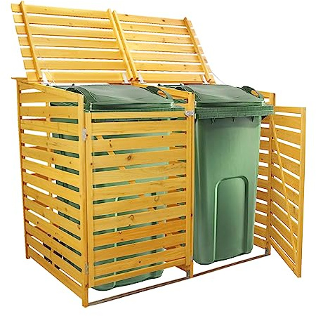 Poubelle à roulettes Double en Bois avec Couvercle à charnière verrouillable pour extérieur - pour Bois de Chauffage et Outils de Jardin
