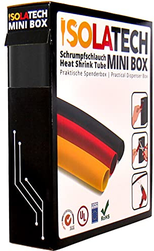 ISOLATECH Schrumpfschlauch 3:1 Mini Box ohne Kleber schwarz Ø24mm 3 Meter UV beständig Meterware unbeschriftet Rolle in praktischer Spenderbox | Meterware, Polyolefin, Zum Isolieren von Kabeln und Lötverbindungen, UV-Beständig, Unbeschriftet, Rolle in Spenderbox