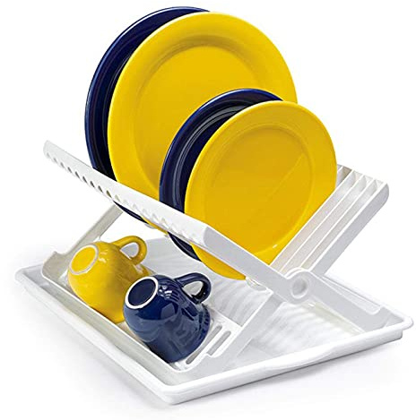 Tradineur - Escurreplatos con Bandeja bloqueable en Blanco 37 x 33 x 21 cm, Escurridor Platos Plegable de plástico Resistente