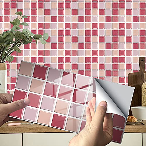 Hiseng 24/48 Stück Küchenrückwand Fliesenaufkleber, Rechteck Marmor Mosaik Muster Wasserdicht Ölfest Stickerfliesen Deko Selbstklebende für Küche Badezimmer Wohnzimmer (Rosa Mosaik,48Stück)