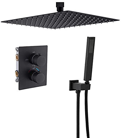 Ducha Empotrada Techo Termostatico Negro Grifos de Ducha Empotrados Set 8 en Alcachofa Lluvia Grifería Cuadrado-Función Doble-B