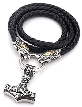 WYPAN Viking Thors Hammer Anhänger Mit Edelstahl Wolfskopf Leder Geflochtene Kette, Nordische Mythologie Odin Keltischer Knoten Männer Mjolnir Halskette Amulett Schmuck