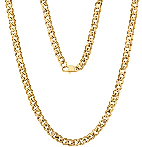 KRKC&CO 6mm Cuban Link Chain Edelstahl, 18K Gold beschichtet Panzerkette für Herren, Edelstahl Panzerkette Herren Goldketten Cuban Chains, Hip Hop Kette für Männer Jungen, Länge 66cm