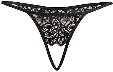 Teyli Damen Ouvert Tanga mit Loch im Schritt - Aus dehnbarer und eleganter Spitze mit ausdrucksstarkem Blumenmotiv - Höschen mit Offenem Schritt - Strings Damen Schwarz S/M