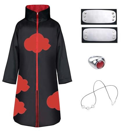 ACWOO Capa de Anime Ninja, 5PCS Set Disfraz de Capa Ninja Cosplay, Abrigo Akatsuki con Diadema Accesorios Traje, Disfraz de Carnaval para adulto y niños, unisex, Halloween, Navidad, fiesta(L)
