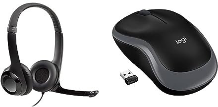 Logitech H390 Wired Headset, Stereo Headphones with Noise-Cancelling Microphone - Black & M185 Wireless Mouse, 2.4GHz with USB Mini Receiver, 12-Month Battery Life - Grey