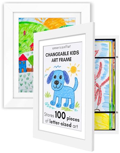 Americanflat Cornice Porta Disegni per Bambini (Bianco) - Cornice A4 da Parete con Passepartout e 25,5x32 cm Senza Passepartout - Apertura Frontale con Vetro Infrangibile - Pacco de 2