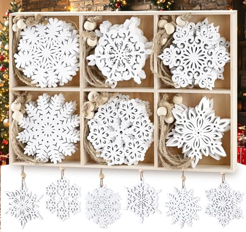 AOMOWA 30Stück Schneeflocken Anhänger Holz Weiß Christbaumschmuck Weihnachten Deko Weihnachtsbaum, Vintage Weihnachtsanhänger mit Juteseil - 7.5cm