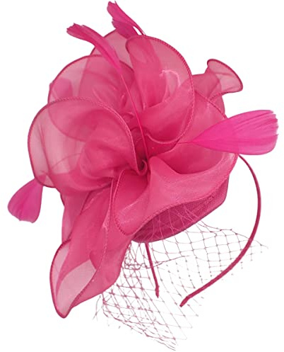 Topkids Accessories Fascinators Chiffon Fascinator Wedding Hat Ascot Hats Net Veil Fascinator Hairband Attached to Metal Aliceband for Girls, Ladies, Women (Fuchsia)