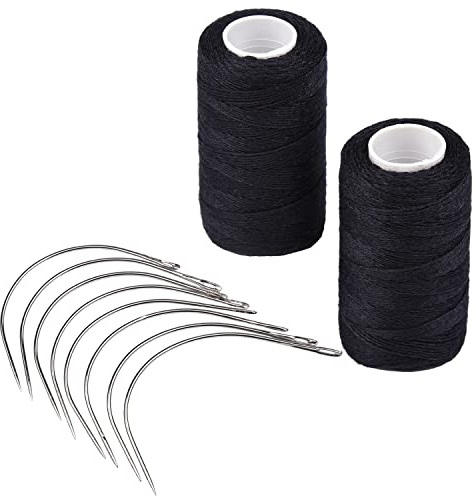MFUOE Juego de 18 extensiones de cabello con hilo de extensión de cabello y agujas tipo curva C para tejer, costura, decoración, extensiones de cabello (negro)