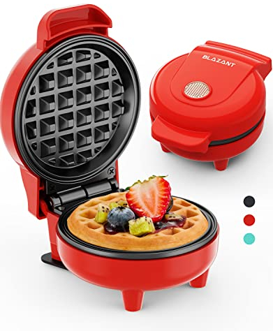 Waffle Maker Mini Small Compact Design, Breakfast Waffle Iron Machine Nonstick Coating, Snack Chaffle Hash Browns Round 4 Inch 550W, Red BLAZANT
