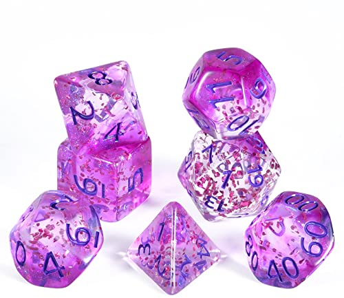 FLASHOWL Kristallband-Würfel-Set (7 Stück lila Acryl-Sechaeder D4-D20) für D&D, MTG, Tischspiele