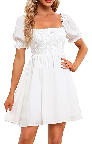 Holipick Women White Square Neck Cute Summer Casual Dresses Graduation Puff Short Sleeve Flowy Sundress Babydoll Short Dress Teen