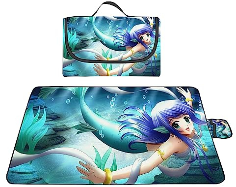 TengYuer Picknickdecke 180x200cm Stranddecke Wasserdicht Sandfrei Isoliert Faltbar Strandmatte mit Tragegriff Outdoor Campingdecke XXL für Camping Parks Strände Picknick Blauer Anime