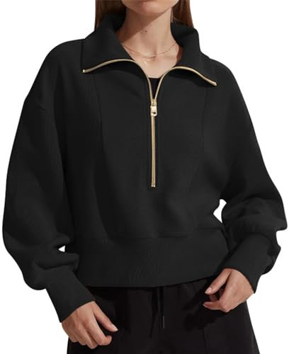 SotRong halv dragkedja sweatshirt för kvinnor Storbritannien överdimensionerad stående krage sweatshirt avslappnad långärmad t-shirts termisk ribbad pullover topp med sidoslits, Svart, XXL