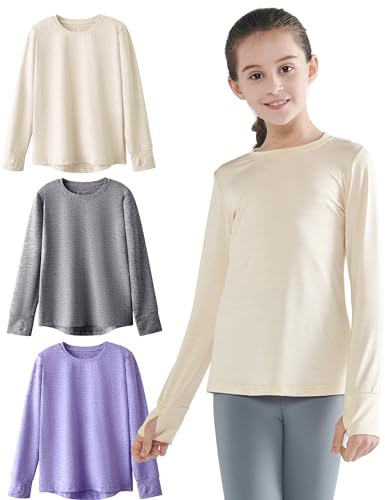 3 Pack: Youth Girls Long Sleeve Shirts Active Dry Fit Athletic Performance Clothes Kids Teens Sports Tees with Thumbholes (Set 5, X-Small)