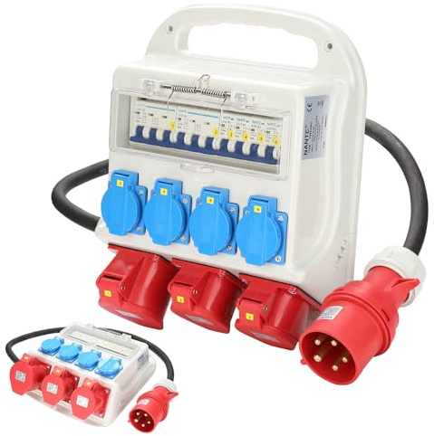 Ansobea Boîtier de distribution électrique 32A, Boîtier mural avec disjoncteur de protection, Boîtier électrique IP44 avec couvercles de sécurité rabattables et câble