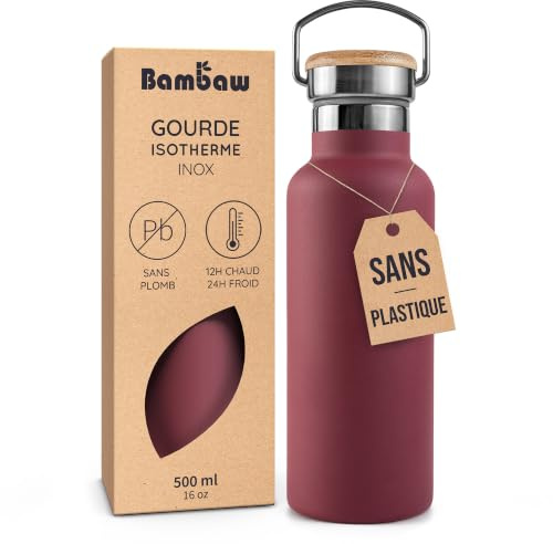 Bambaw isolerad vattenflaska 500 ml, röd, vattenflaska i rostfritt stål, läckagesäker vattenflaska, rostfri vattenflaska, vattenflaska, metallplunta, stålflaska – röd bär