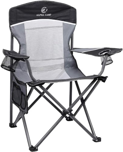 HIGH POINT SPORTS Campingstuhl Faltbar Angelstuhl Mesh-Rücken Klappstuhl Camping Stuhl 160 kg Belastbar Anglerstuhl mit Armlehne Getränkehalter Stahlrahmen Tragbar Campingsessel (Schwarz)