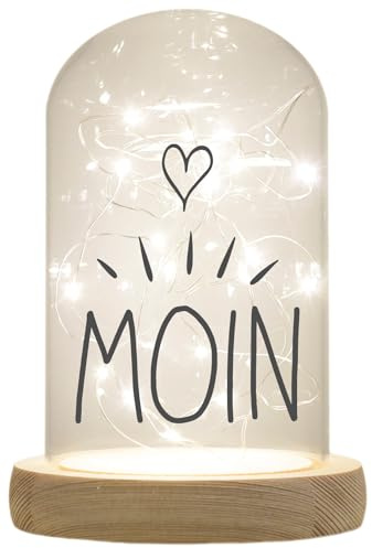 WB wohn trends LED-Glaskuppel, Moin Herz, 16,5x11cm, Glasglocke mit LED-Licht und Holz-Fuß LED-Laterne LED-Lampe mit Text Spruch