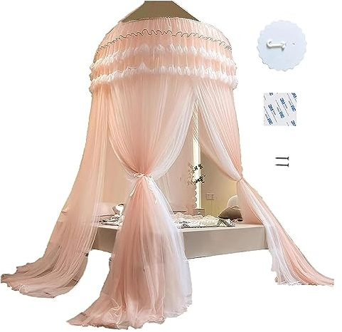 Himmelbettrahmen-Vorhänge, Moskitonetz, Betthimmel, hängender Vorhang, Netz für Kinder, Kinderbetten, Erwachsene, doppellagig, Prinzessin, runde Kuppel, Himmelbett-Vorhang (Farbe: