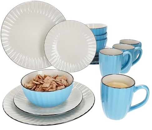 Mäser OSITA - Servizio combinato da 16 pezzi, per 4 persone, in gres porcellanato blu e crema, con 4 tazze da caffè da 300 ml, ciotole da 450 ml, piatti da torta e piatti piani con rilievo