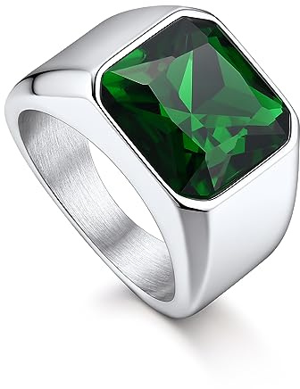 Bandmax Anillo Crsital Verde Hombre Talla 54, Anillo de Novio Pareja, Anillo Sello Acero Inoxidable
