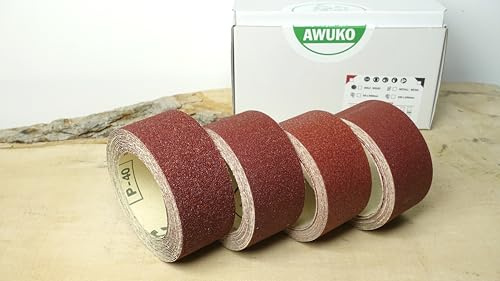 Generisch Schleifpapier Set Körnung 40, 60, 80, 100 | 4 Stück Handschleifpapier für Holz und 3D Druck | 50mm x 5m schmale Rolle | Hersteller AWUKO