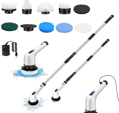 Electric Spin Power Scrubber - Electric Brush for Cleaning - Cordless Rechargeable Bathroom Scrubber - Power Cleaning Brush Set - Adjustable Extension Long Handle - 10 Replaceable Brush Heads