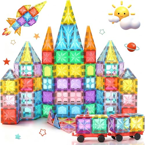 Lovchil Magnetic Tiles STEM Magnetic Blocks Building Toys Preschool Learning Sensory Toys Construction Educational Toys for 3 Years Old Boys and Girls Age 4 5 6 Year Old Gifts Creative Kids Toys 61PCS