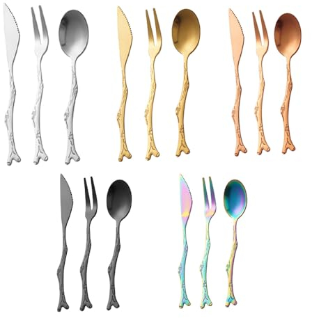 （15 Pièces）Couteau Et Fourchette En Acier Inoxydable, Manche De Branche, Cuillère À Gâteau Au Café, Cuillère À Dessert Rétro, Ensemble De Fourchettes À (Mélanger et assortir)