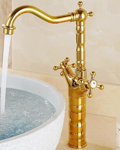 Schwarze Küchenarmatur warm und kalt Aufsatzwaschbecken Unterbauwaschbecken Badarmatur, Zweihandrad gold hoch