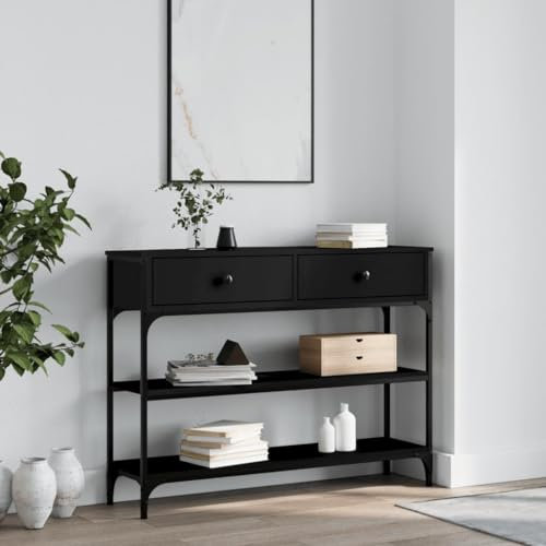 FENLAX table console avec tiroir 100 x 25 x 75 cm – Table d'appoint, couloir, téléphone en bois – Console avec étagères – Basse en bois et métal noir
