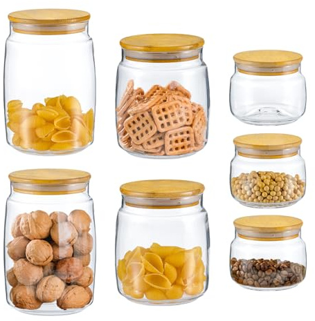 Lot de petits pots de conservation en verre transparent avec couvercles en bambou, pour garde-manger, épices, thé, café et sucre, 1 200 ml