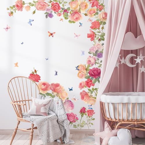 SHUCHING Stickers Muraux Fleurs Rose, Autocollants Mural Fleurs Rouges, Décoration Murale pour Salon Chambre Porte