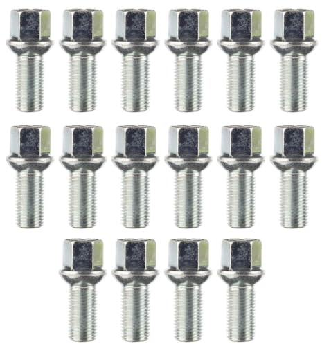 RYBO Alloy Wheel Bolts - M14 x 1.5, 27mm Thread, 17mm Hex | Replacement Bolt Kit for Audi & Volkswagen Car Models | Car Accessories (Silver, Set of 16)