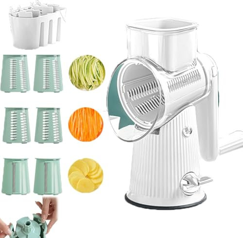 Rallador de queso giratorio 5 en 1, cortador de verduras, rallador de queso 5 en 1, trituradora con 5 juegos de cuchillas intercambiables y base de succión fuerte(White)