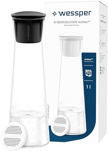 Wessper glazen waterfilterkan, 1 liter, kan met Actitex Disc filterpatroon, karaf met deksel voor water en koude dranken, BPA-vrij - Negro