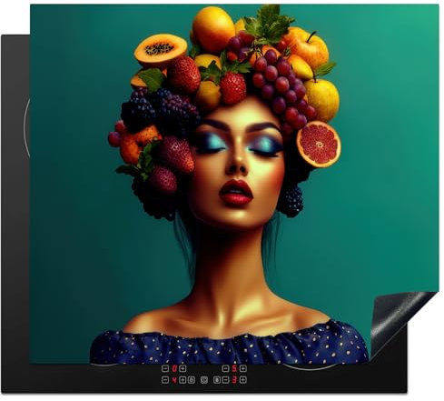 KitchenYeah© Induction Hob Protector Mat 20.1x23.2 / 59x51 cm Cooker Top Protectors Cover Ceramic Covers Electric Hobs Vinyl Woman - Headdress - Tropical - Fruit - Grapes