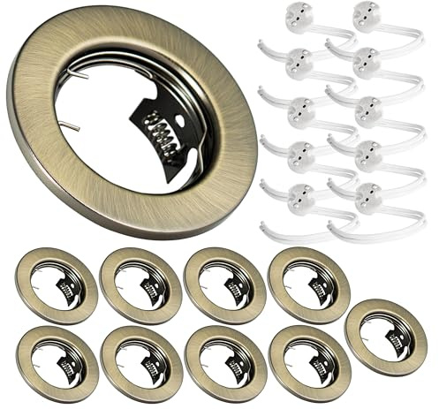JungesLicht 10er Set Einbaustrahler mit 12Volt GU5.3 MR16 Keramikfassung, Außendurchmesser 80mm, Bohrdurchmesser 55mm - 68mm passend, Deckenstrahler, Einbauleuchte, Altmessing, ohne Leuchtmittel