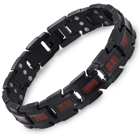 RainSo Bracelet en bois pour homme – Métal noir rouge et design en bois | Bracelet magnétique en acier inoxydable pour homme | Bijoux tendance avec outil de taille réglable et coffret cadeau de luxe